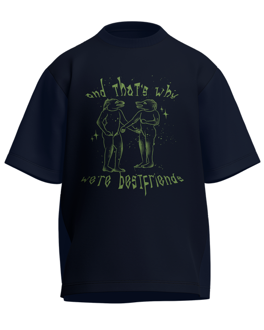 And That’s Why We’re Bestfriends - Oversized Fit Navy Blue 100% cotton 240GSM standard oversized T-shirt Loom of Thirds India's No. 1 Art-led streetwear brand based in Kolkata by Sidhartha Mohanta & Chirayata Purna Chakrabarty