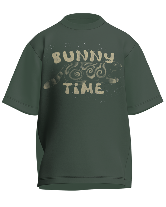 Bunny Time - Oversized Fit Olive Green 100% cotton 240GSM standard oversized T-shirt Loom of Thirds India's No. 1 Art-led streetwear brand based in Kolkata by Sidhartha Mohanta & Chirayata Purna Chakrabarty