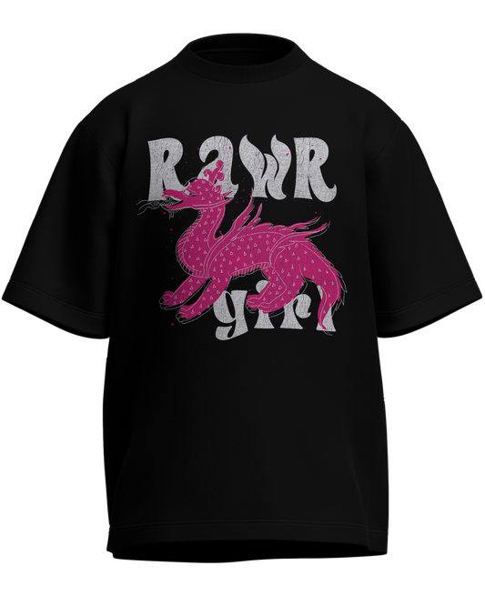 Rawr Girl - Oversized Fit Black 100% cotton 240GSM standard oversized T-shirt Loom of Thirds India's No. 1 Art-led streetwear brand based in Kolkata by Sidhartha Mohanta & Chirayata Purna Chakrabarty