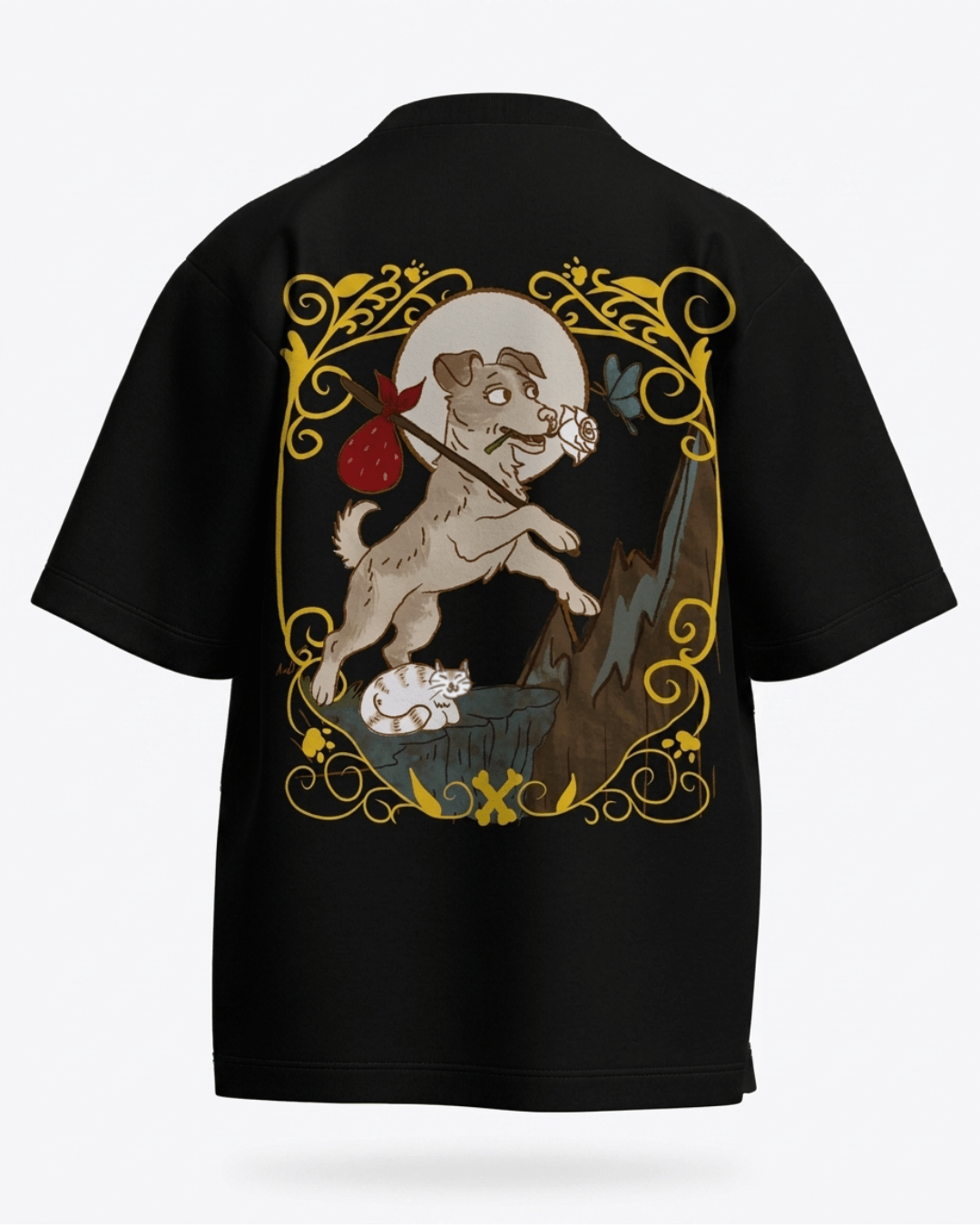 The Fool of Dogs – Tarot Oversized T-Shirt Black Oversized French Terry Cotton Premium Streetwear T-shirt Loom of Thirds India's No. 1 Art-led, graphic streetwear brand based in Kolkata by Sidhartha Mohanta & Chirayata Purna Chakrabarty