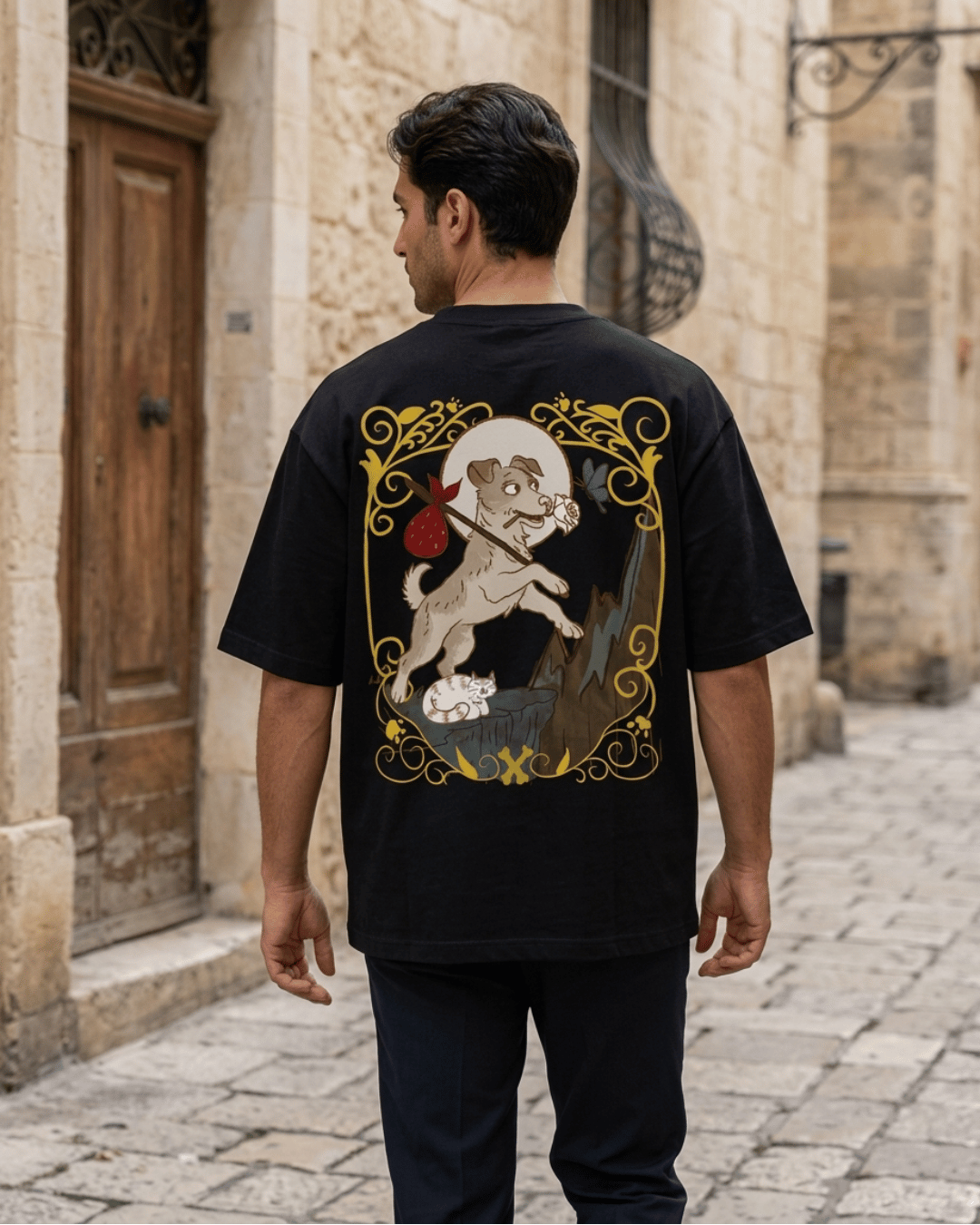 The Fool of Dogs – Tarot Oversized T-Shirt Oversized French Terry Cotton Premium Streetwear T-shirt Loom of Thirds India's No. 1 Art-led, graphic streetwear brand based in Kolkata by Sidhartha Mohanta & Chirayata Purna Chakrabarty