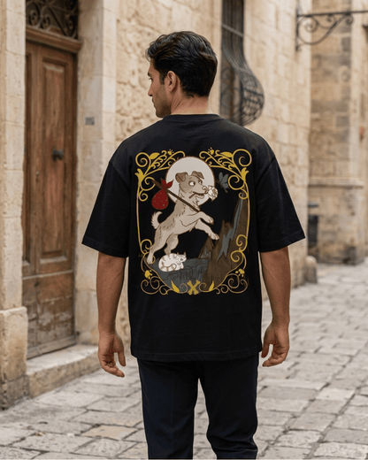 The Fool of Dogs – Tarot Oversized T-Shirt Oversized French Terry Cotton Premium Streetwear T-shirt Loom of Thirds India's No. 1 Art-led, graphic streetwear brand based in Kolkata by Sidhartha Mohanta & Chirayata Purna Chakrabarty