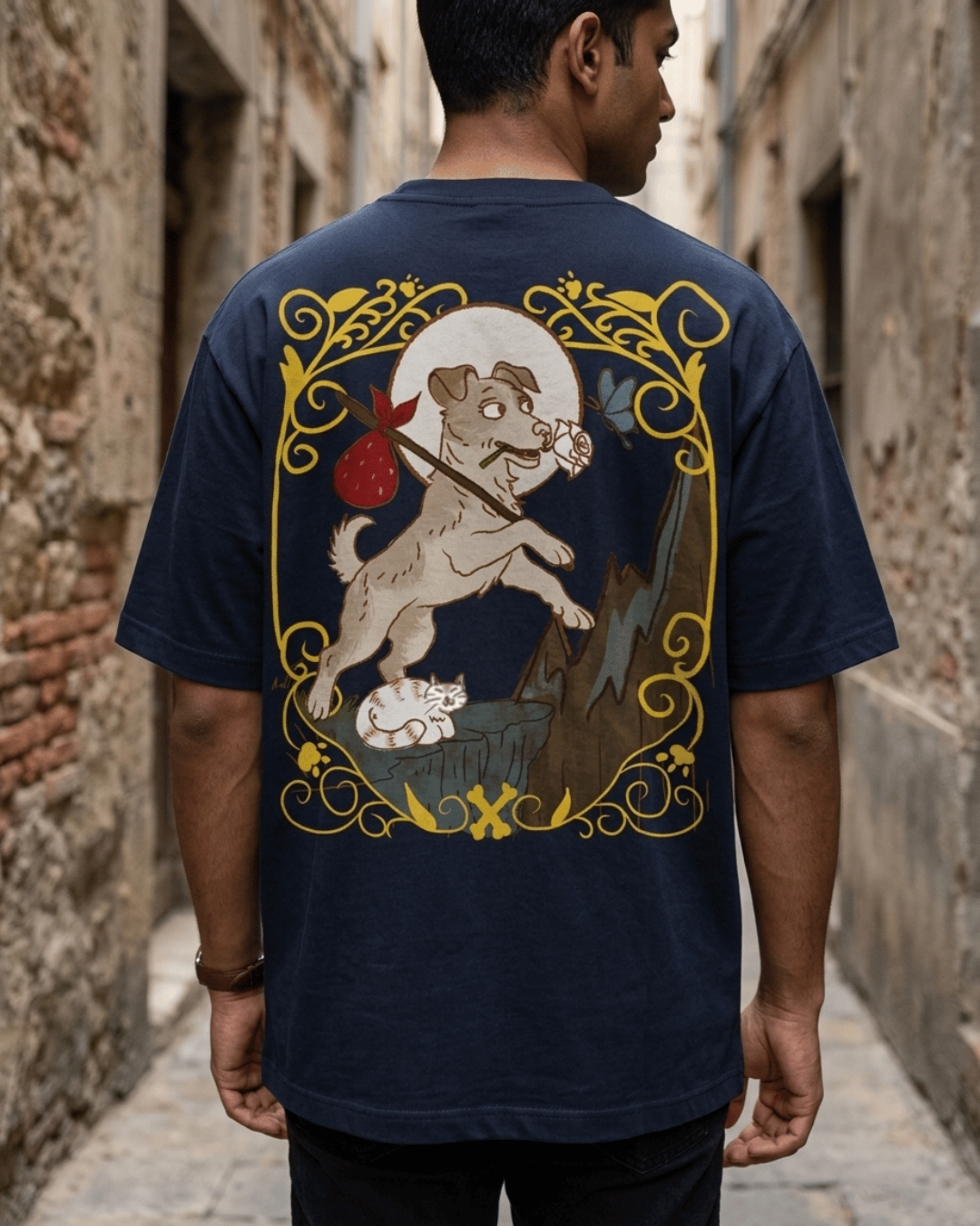 The Fool of Dogs – Tarot Oversized T-Shirt Oversized French Terry Cotton Premium Streetwear T-shirt Loom of Thirds India's No. 1 Art-led, graphic streetwear brand based in Kolkata by Sidhartha Mohanta & Chirayata Purna Chakrabarty