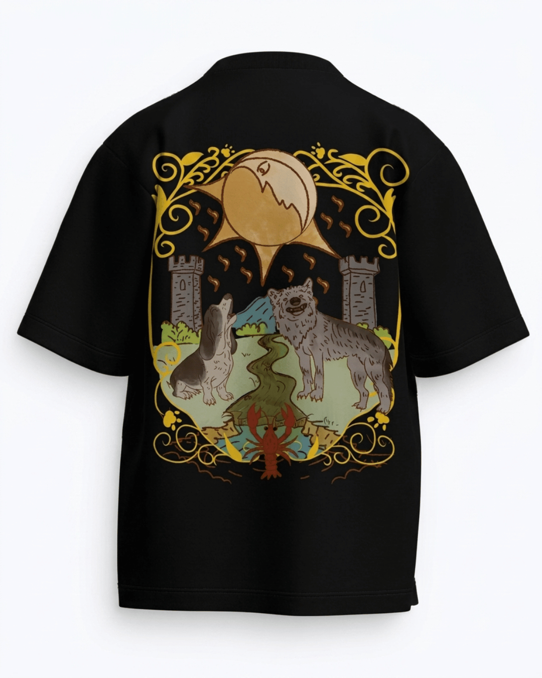 The Moon of Dogs – Tarot Oversized T-Shirt Black Oversized French Terry Cotton Premium Streetwear T-shirt Loom of Thirds India's No. 1 Art-led, graphic streetwear brand based in Kolkata by Sidhartha Mohanta & Chirayata Purna Chakrabarty