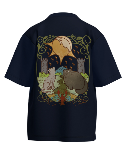The Moon of Cats Navy Blue Oversized French Terry Cotton Premium Streetwear T-shirt Loom of Thirds India's No. 1 Art-led streetwear brand based in Kolkata by Sidhartha Mohanta & Chirayata Purna Chakrabarty