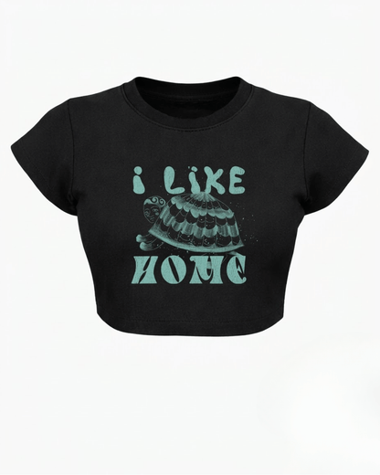 I Like Home – Aesthetic Graphic Baby Tee Black 100% cotton 240GSM baby T-shirt Loom of Thirds India's No. 1 Art-led, graphic streetwear brand based in Kolkata by Sidhartha Mohanta & Chirayata Purna Chakrabarty