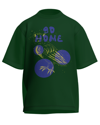 Go Home - Oversized Fit Bottle Green 100% cotton 240GSM standard oversized T-shirt Loom of Thirds India's No. 1 Art-led streetwear brand based in Kolkata by Sidhartha Mohanta & Chirayata Purna Chakrabarty