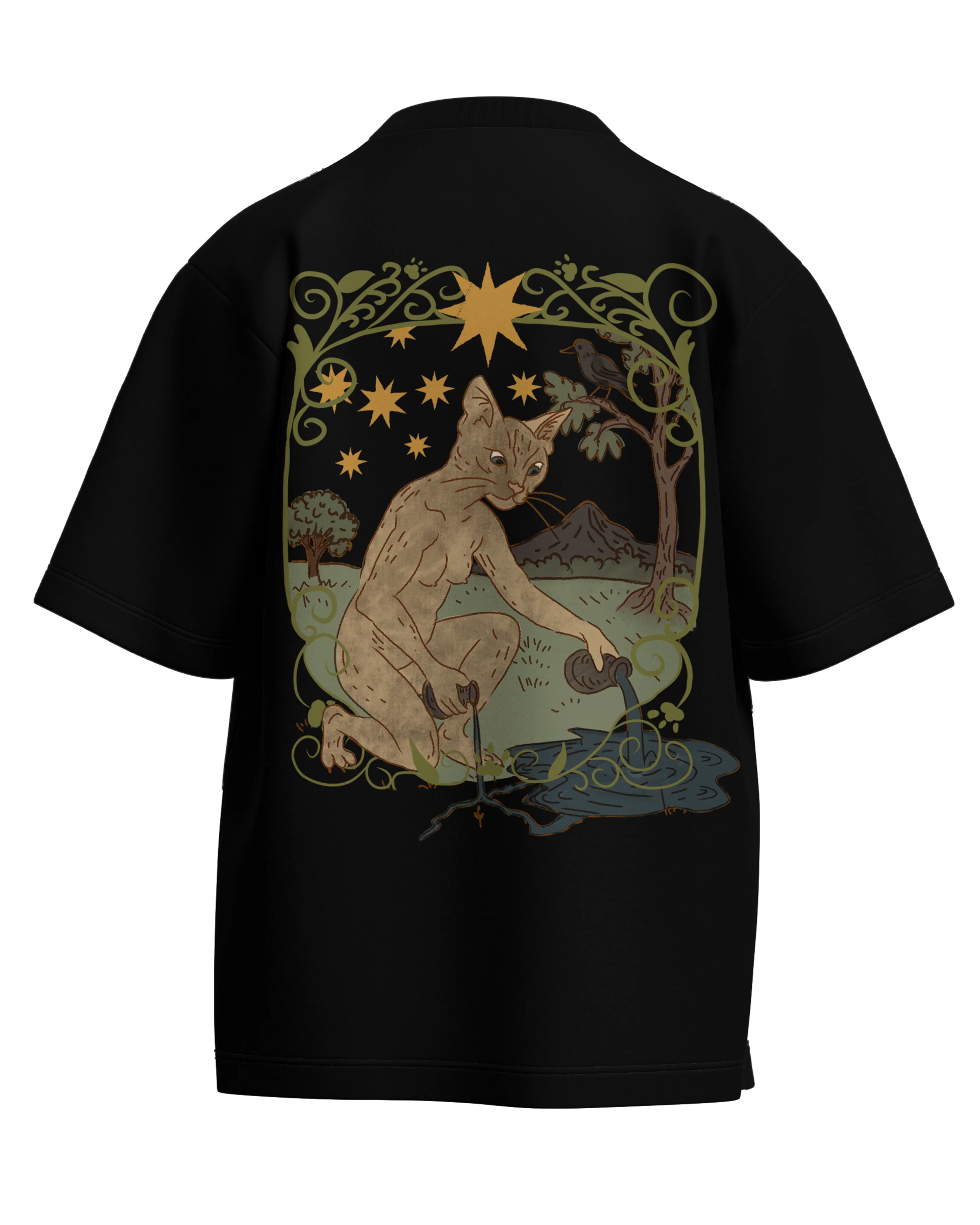 The Star of Cats Black Oversized French Terry Cotton Premium Streetwear T-shirt Loom of Thirds India's No. 1 Art-led streetwear brand based in Kolkata by Sidhartha Mohanta & Chirayata Purna Chakrabarty