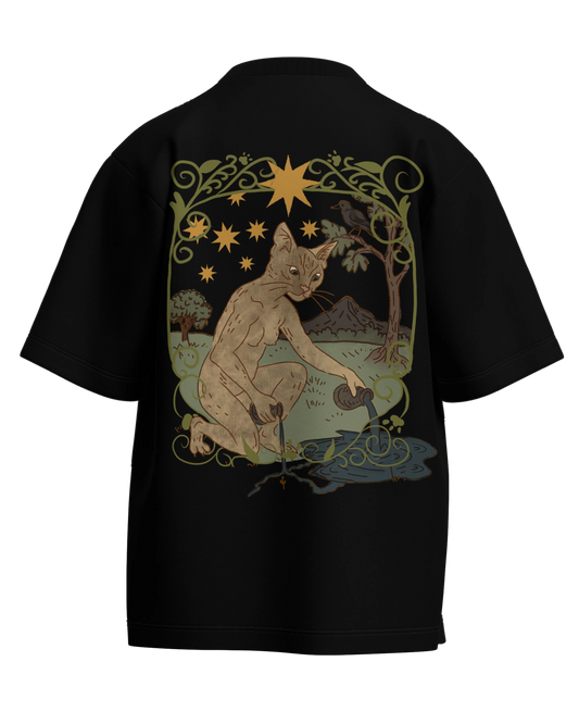 The Star of Cats Black Oversized French Terry Cotton Premium Streetwear T-shirt Loom of Thirds India's No. 1 Art-led streetwear brand based in Kolkata by Sidhartha Mohanta & Chirayata Purna Chakrabarty