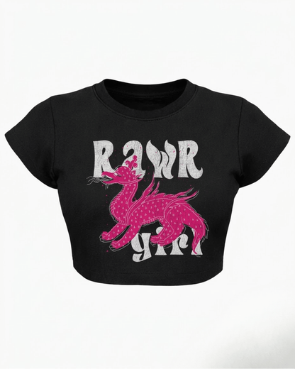 Rawr Girl – Aesthetic Graphic Baby Tee Black 100% cotton 240GSM baby T-shirt Loom of Thirds India's No. 1 Art-led, graphic streetwear brand based in Kolkata by Sidhartha Mohanta & Chirayata Purna Chakrabarty
