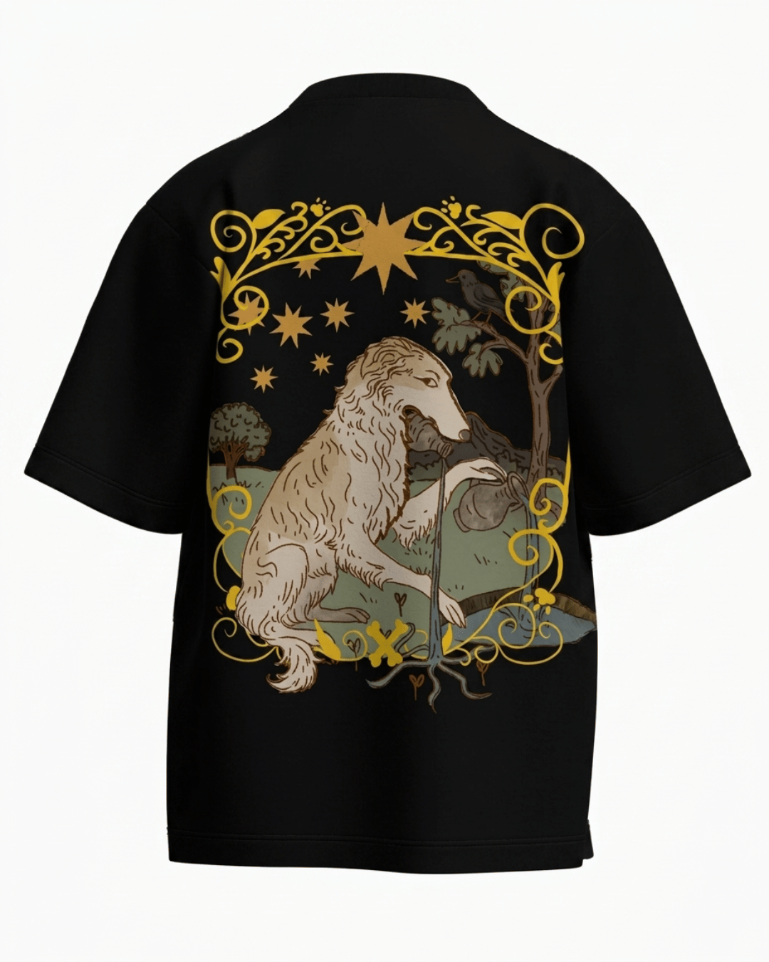 The Star of Dogs – Tarot Oversized T-Shirt Black Oversized French Terry Cotton Premium Streetwear T-shirt Loom of Thirds India's No. 1 Art-led, graphic streetwear brand based in Kolkata by Sidhartha Mohanta & Chirayata Purna Chakrabarty