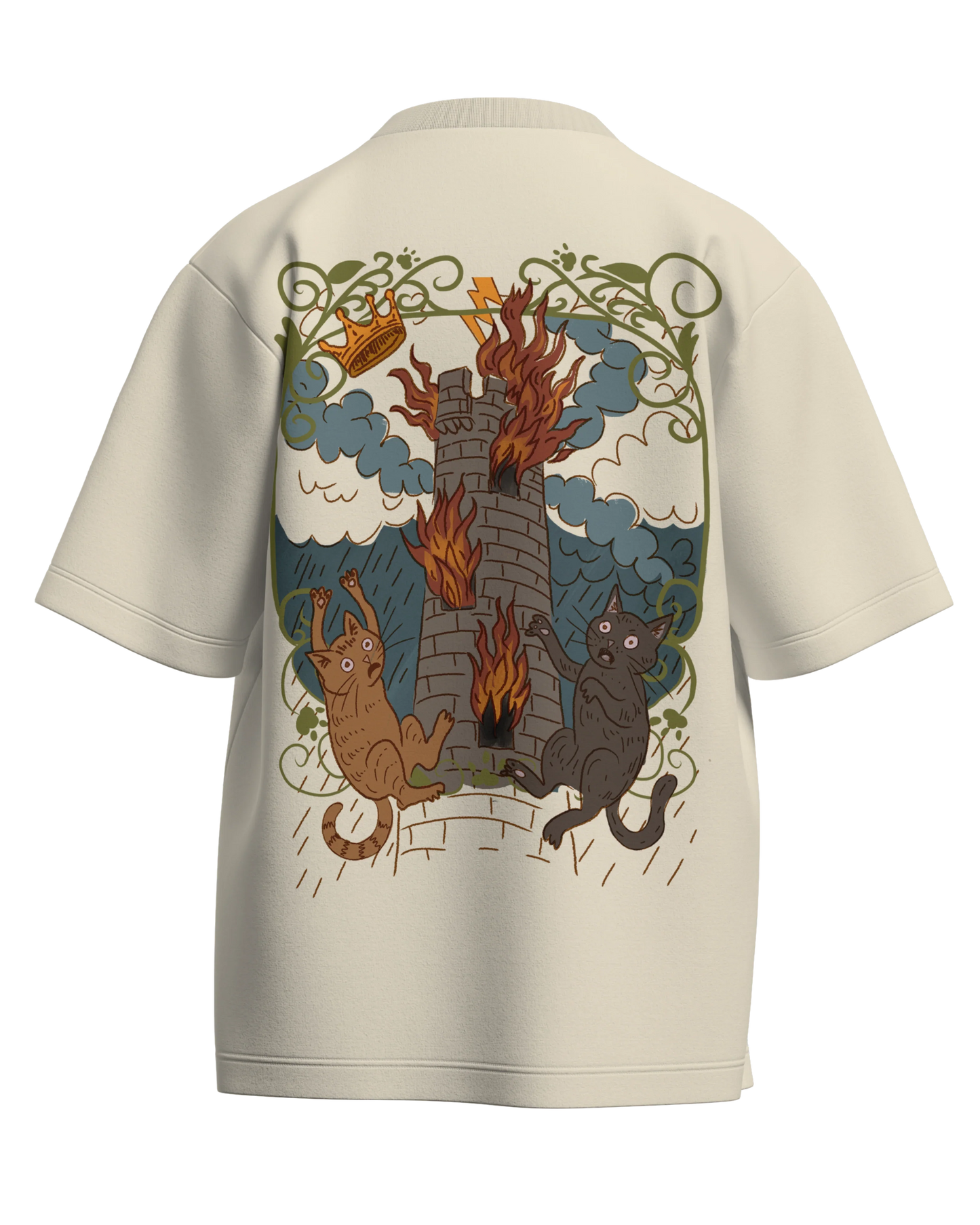 The Tower of Cats Off White Oversized French Terry Cotton Premium Streetwear T-shirt Loom of Thirds India's No. 1 Art-led streetwear brand based in Kolkata by Sidhartha Mohanta & Chirayata Purna Chakrabarty