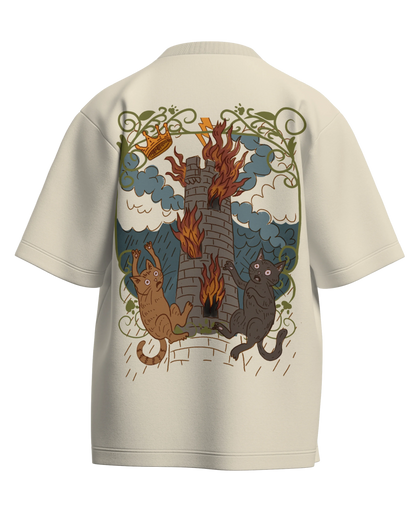 The Tower of Cats Off White Oversized French Terry Cotton Premium Streetwear T-shirt Loom of Thirds India's No. 1 Art-led streetwear brand based in Kolkata by Sidhartha Mohanta & Chirayata Purna Chakrabarty