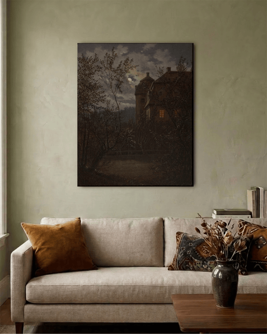 Schloss Milkel in Moonlight – Carl Gustav Carus Canvas Print Painting on Canvas Loom of Thirds India's No. 1 Art-led, graphic streetwear brand based in Kolkata by Sidhartha Mohanta & Chirayata Purna Chakrabarty