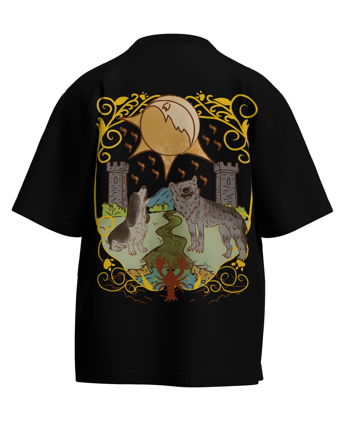 The Moon of Dogs Black Oversized French Terry Cotton Premium Streetwear T-shirt Loom of Thirds India's No. 1 Art-led streetwear brand based in Kolkata by Sidhartha Mohanta & Chirayata Purna Chakrabarty