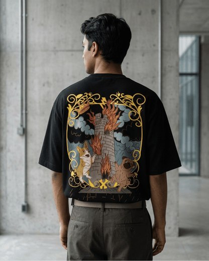 The Tower of Dogs – Tarot Oversized T-Shirt Oversized French Terry Cotton Premium Streetwear T-shirt Loom of Thirds India's No. 1 Art-led, graphic streetwear brand based in Kolkata by Sidhartha Mohanta & Chirayata Purna Chakrabarty