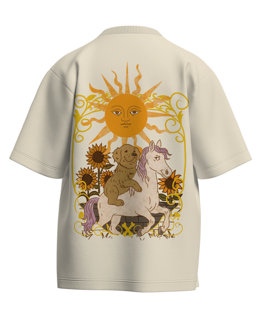 The Sun of Dogs Off White Oversized French Terry Cotton Premium Streetwear T-shirt Loom of Thirds India's No. 1 Art-led streetwear brand based in Kolkata by Sidhartha Mohanta & Chirayata Purna Chakrabarty