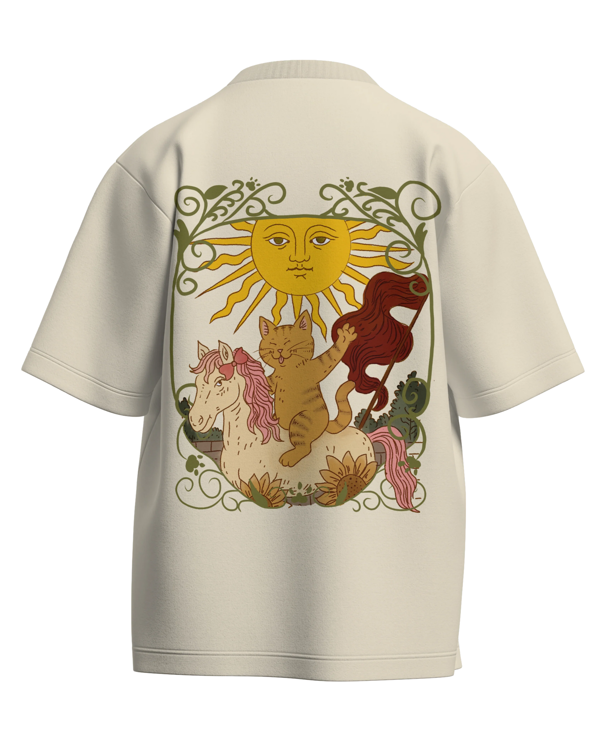 The Sun of Cats Off White Oversized French Terry Cotton Premium Streetwear T-shirt Loom of Thirds India's No. 1 Art-led streetwear brand based in Kolkata by Sidhartha Mohanta & Chirayata Purna Chakrabarty