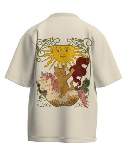 The Sun of Cats Off White Oversized French Terry Cotton Premium Streetwear T-shirt Loom of Thirds India's No. 1 Art-led streetwear brand based in Kolkata by Sidhartha Mohanta & Chirayata Purna Chakrabarty