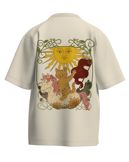 The Sun of Cats Off White Oversized French Terry Cotton Premium Streetwear T-shirt Loom of Thirds India's No. 1 Art-led streetwear brand based in Kolkata by Sidhartha Mohanta & Chirayata Purna Chakrabarty