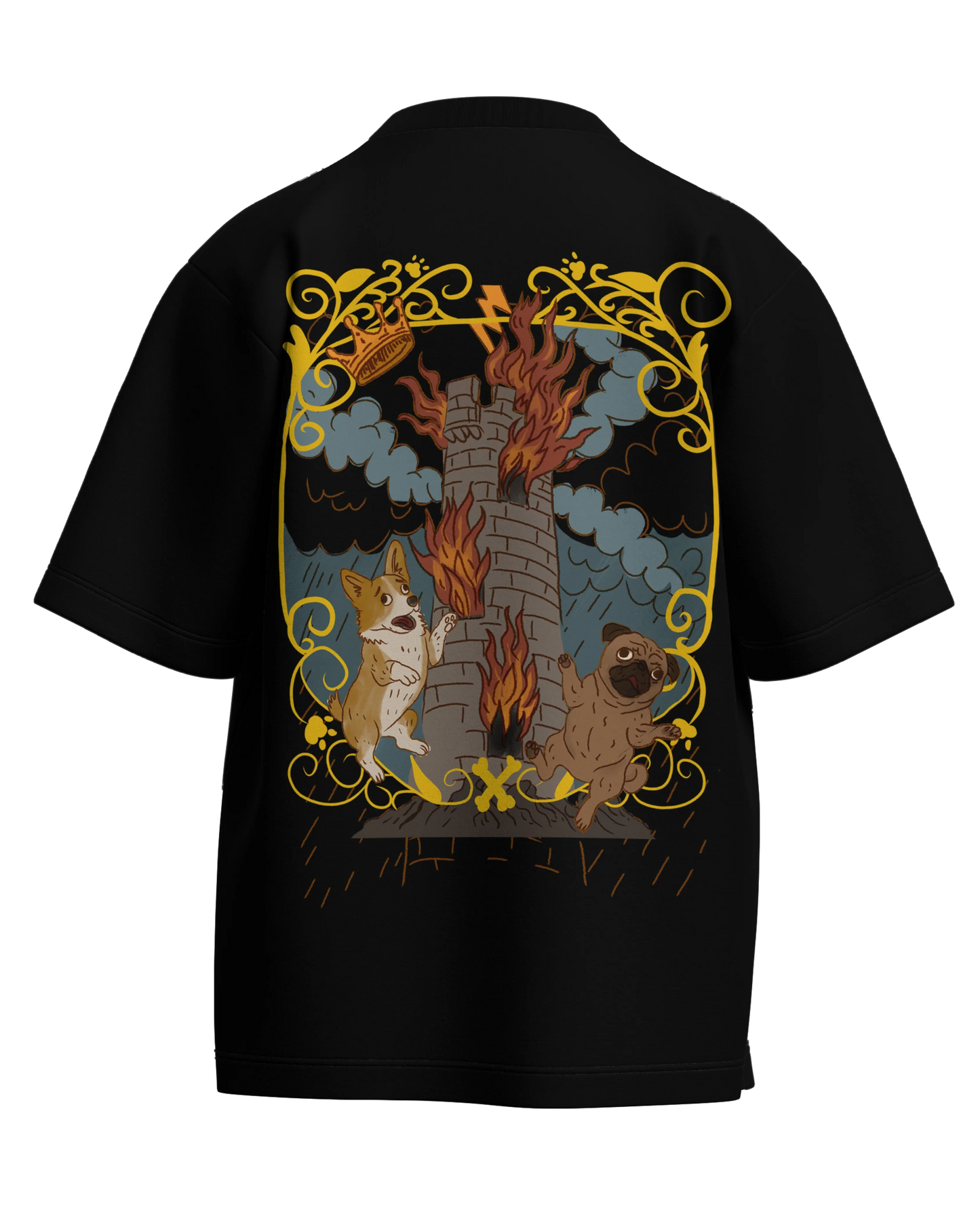 The Tower of Dogs Black Oversized French Terry Cotton Premium Streetwear T-shirt Loom of Thirds India's No. 1 Art-led streetwear brand based in Kolkata by Sidhartha Mohanta & Chirayata Purna Chakrabarty