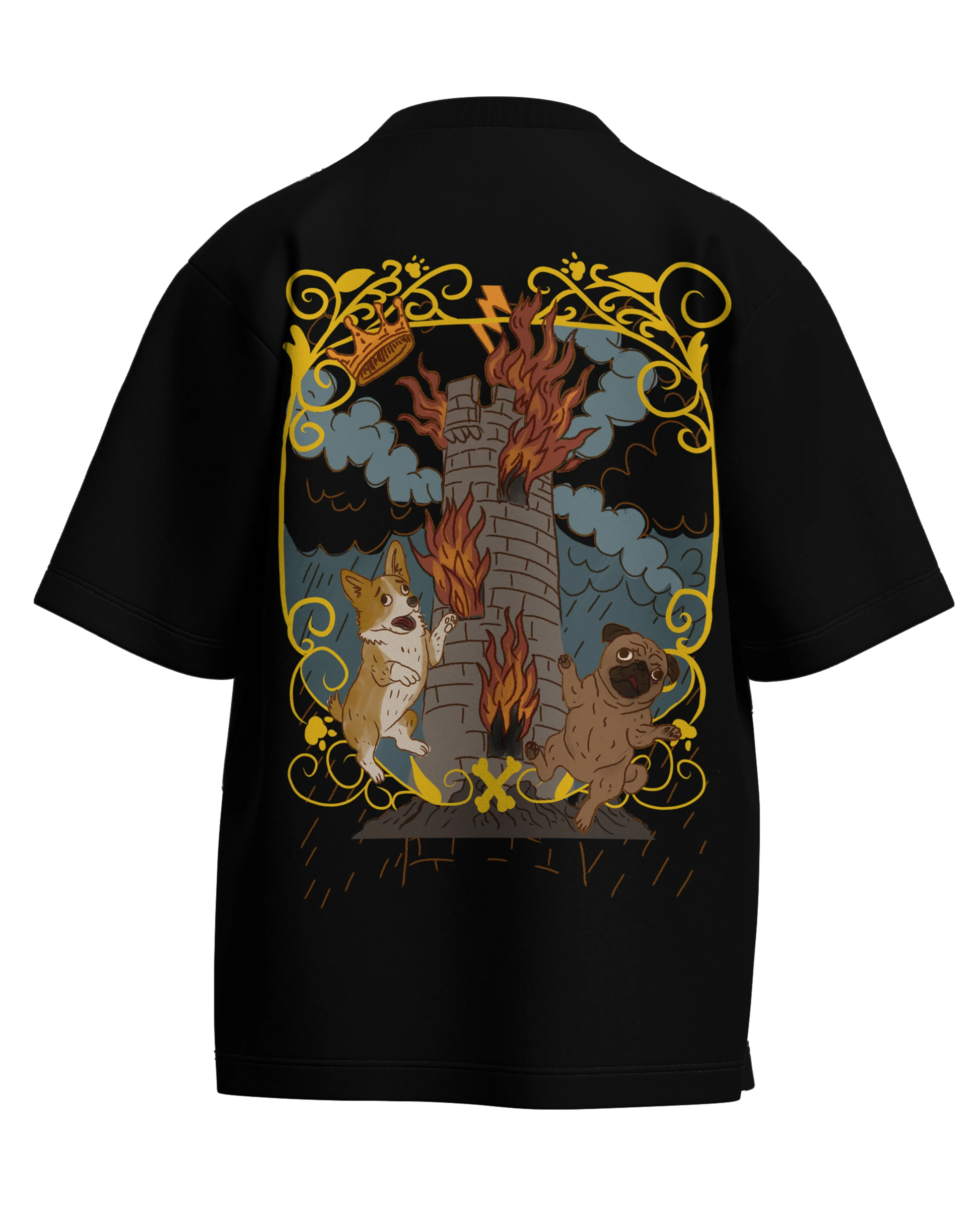 The Tower of Dogs Black Oversized French Terry Cotton Premium Streetwear T-shirt Loom of Thirds India's No. 1 Art-led streetwear brand based in Kolkata by Sidhartha Mohanta & Chirayata Purna Chakrabarty