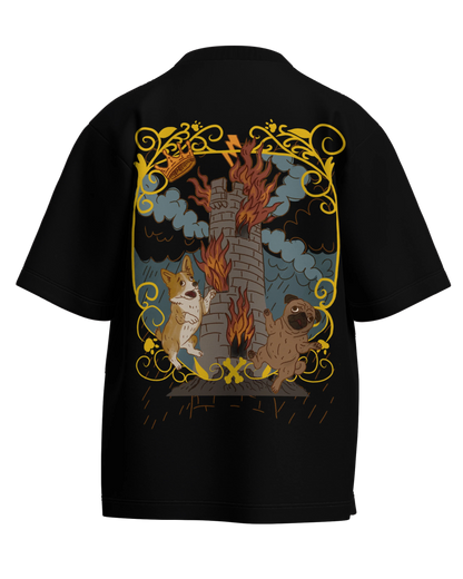 The Tower of Dogs Black Oversized French Terry Cotton Premium Streetwear T-shirt Loom of Thirds India's No. 1 Art-led streetwear brand based in Kolkata by Sidhartha Mohanta & Chirayata Purna Chakrabarty