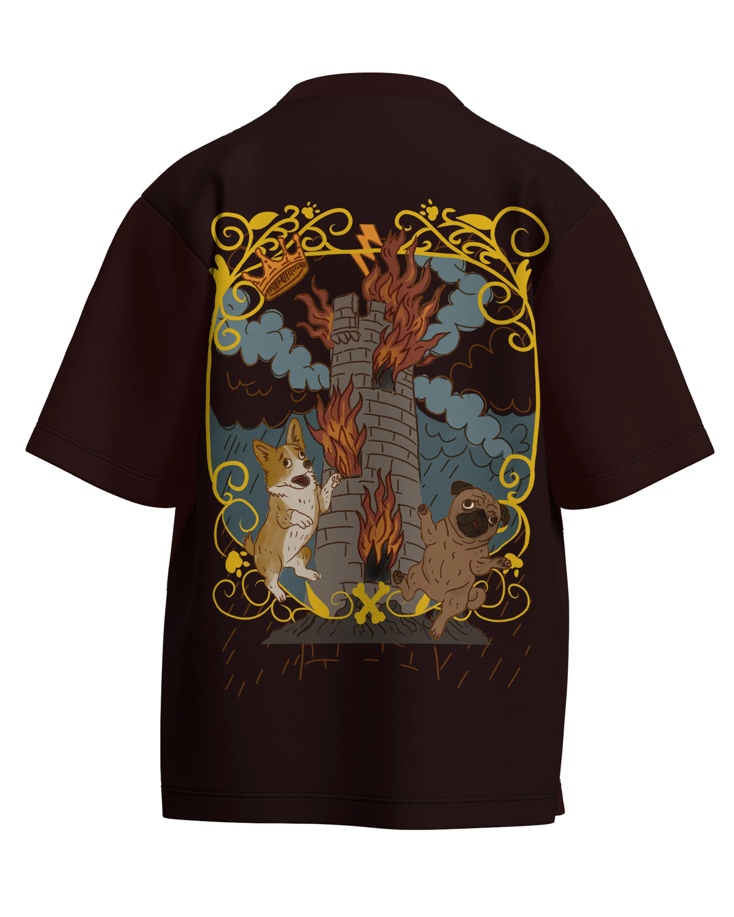 The Tower of Dogs Maroon Oversized French Terry Cotton Premium Streetwear T-shirt Loom of Thirds India's No. 1 Art-led streetwear brand based in Kolkata by Sidhartha Mohanta & Chirayata Purna Chakrabarty