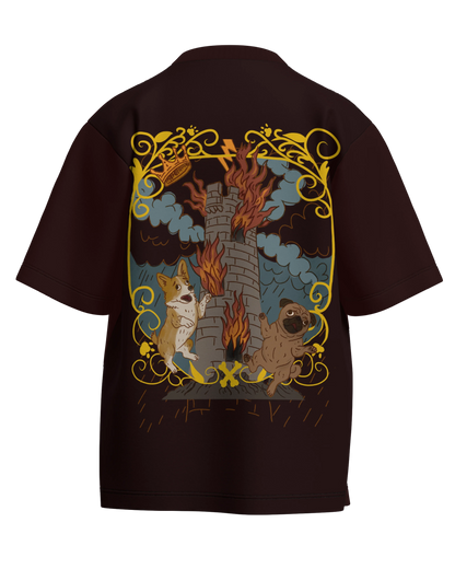 The Tower of Dogs Maroon Oversized French Terry Cotton Premium Streetwear T-shirt Loom of Thirds India's No. 1 Art-led streetwear brand based in Kolkata by Sidhartha Mohanta & Chirayata Purna Chakrabarty