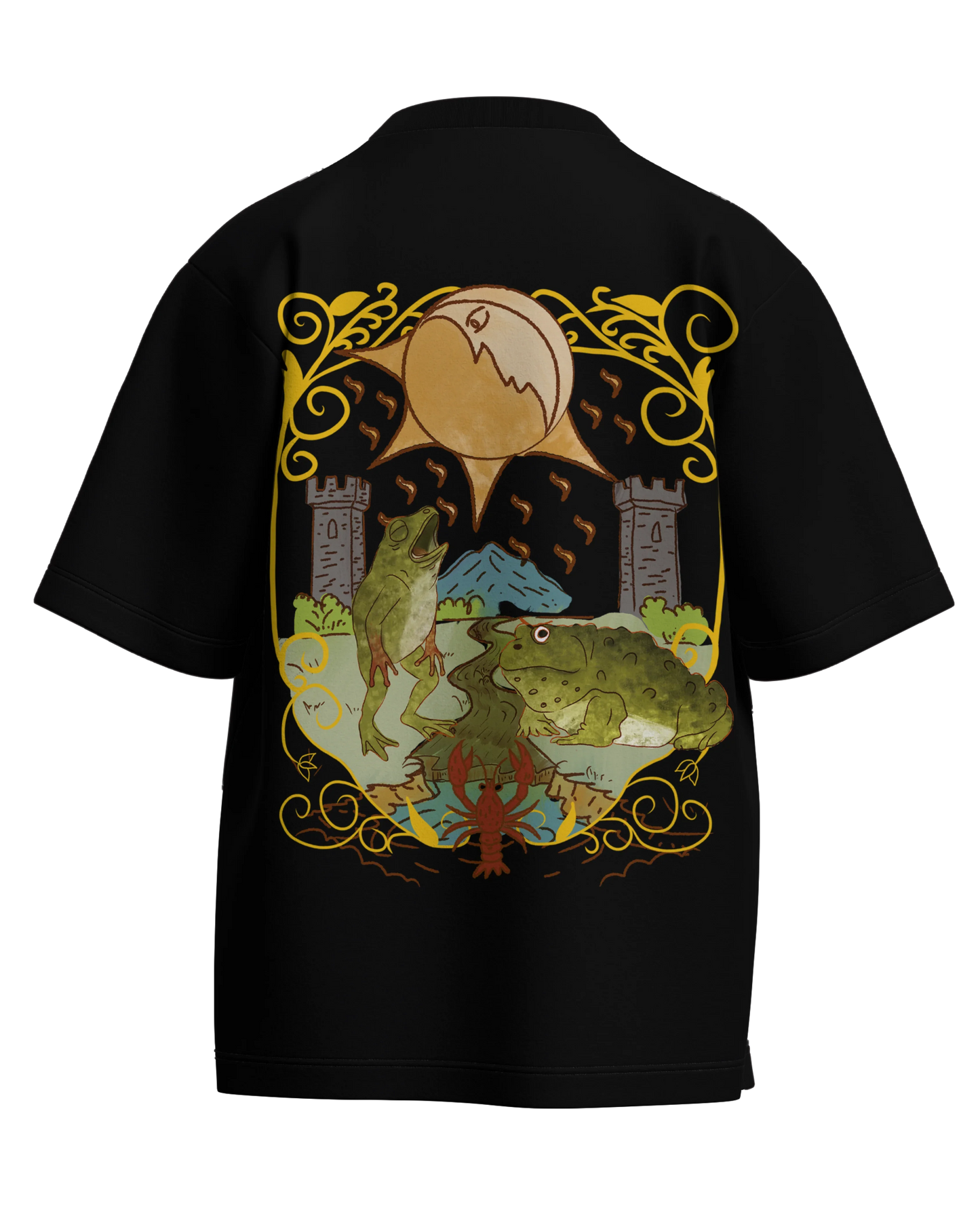 The Moon of Frogs Black Oversized French Terry Cotton Premium Streetwear T-shirt Loom of Thirds India's No. 1 Art-led streetwear brand based in Kolkata by Sidhartha Mohanta & Chirayata Purna Chakrabarty