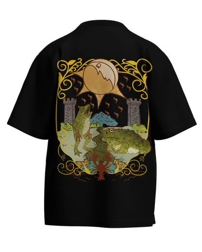 The Moon of Frogs Black Oversized French Terry Cotton Premium Streetwear T-shirt Loom of Thirds India's No. 1 Art-led streetwear brand based in Kolkata by Sidhartha Mohanta & Chirayata Purna Chakrabarty