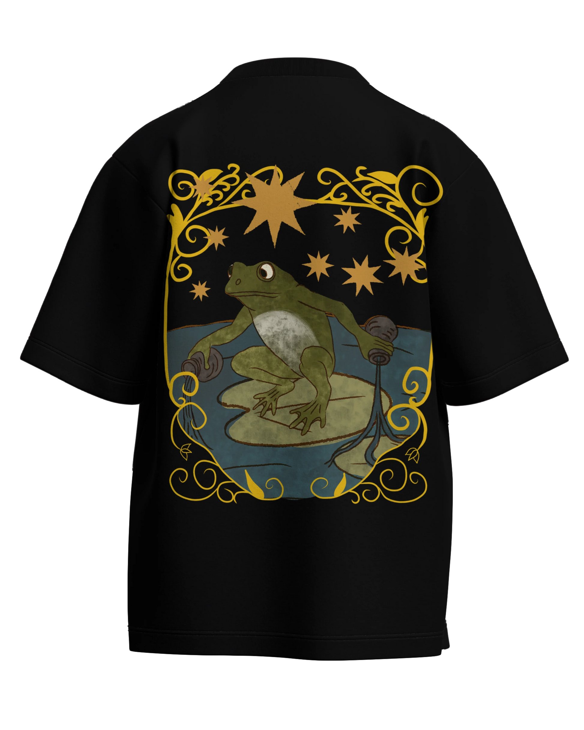 The Star of Frogs Black Oversized French Terry Cotton Premium Streetwear T-shirt Loom of Thirds India's No. 1 Art-led streetwear brand based in Kolkata by Sidhartha Mohanta & Chirayata Purna Chakrabarty