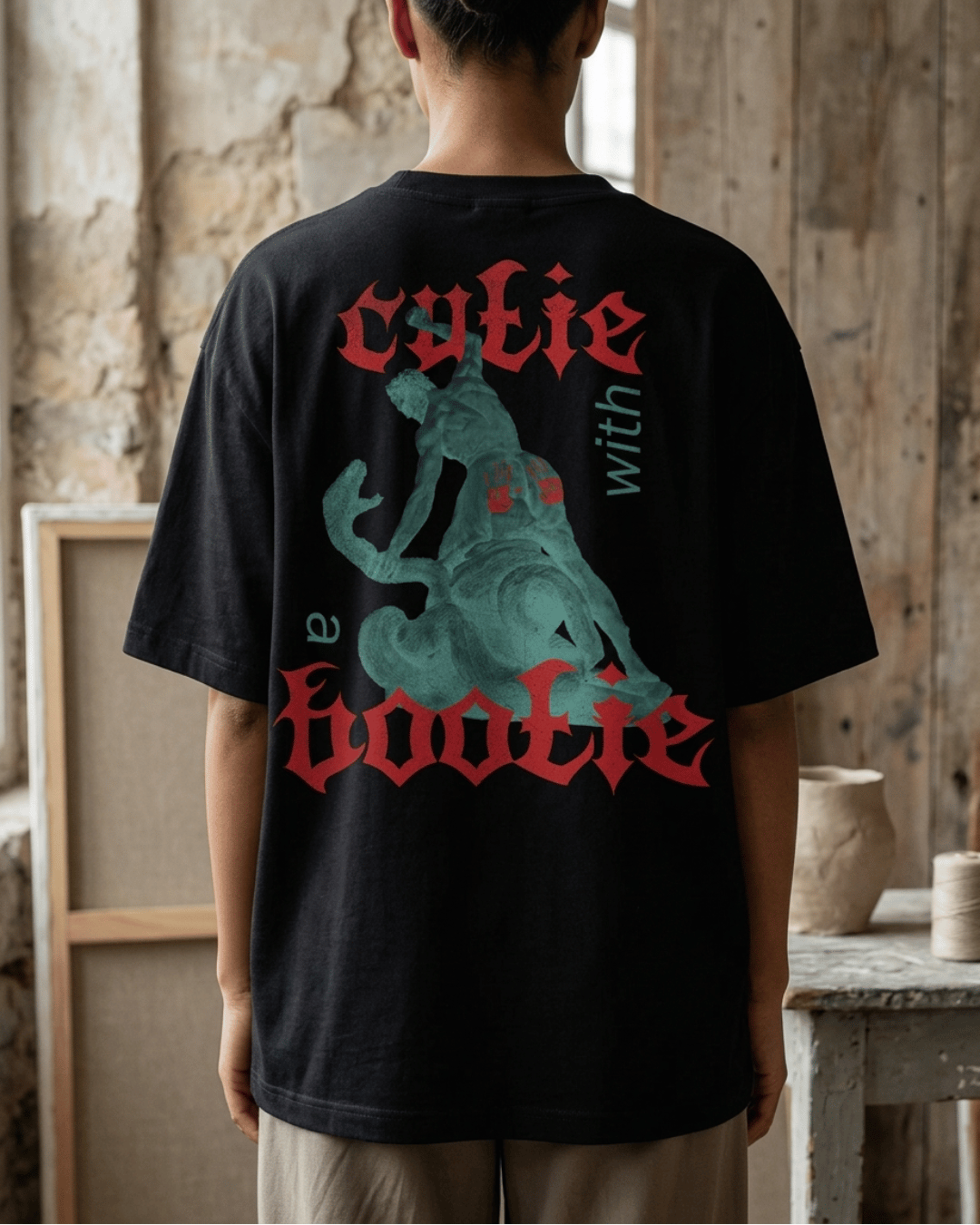 Cutie with a Bootie – Classical Art Oversized Tee Oversized French Terry Cotton Premium Streetwear T-shirt Loom of Thirds India's No. 1 Art-led, graphic streetwear brand based in Kolkata by Sidhartha Mohanta & Chirayata Purna Chakrabarty