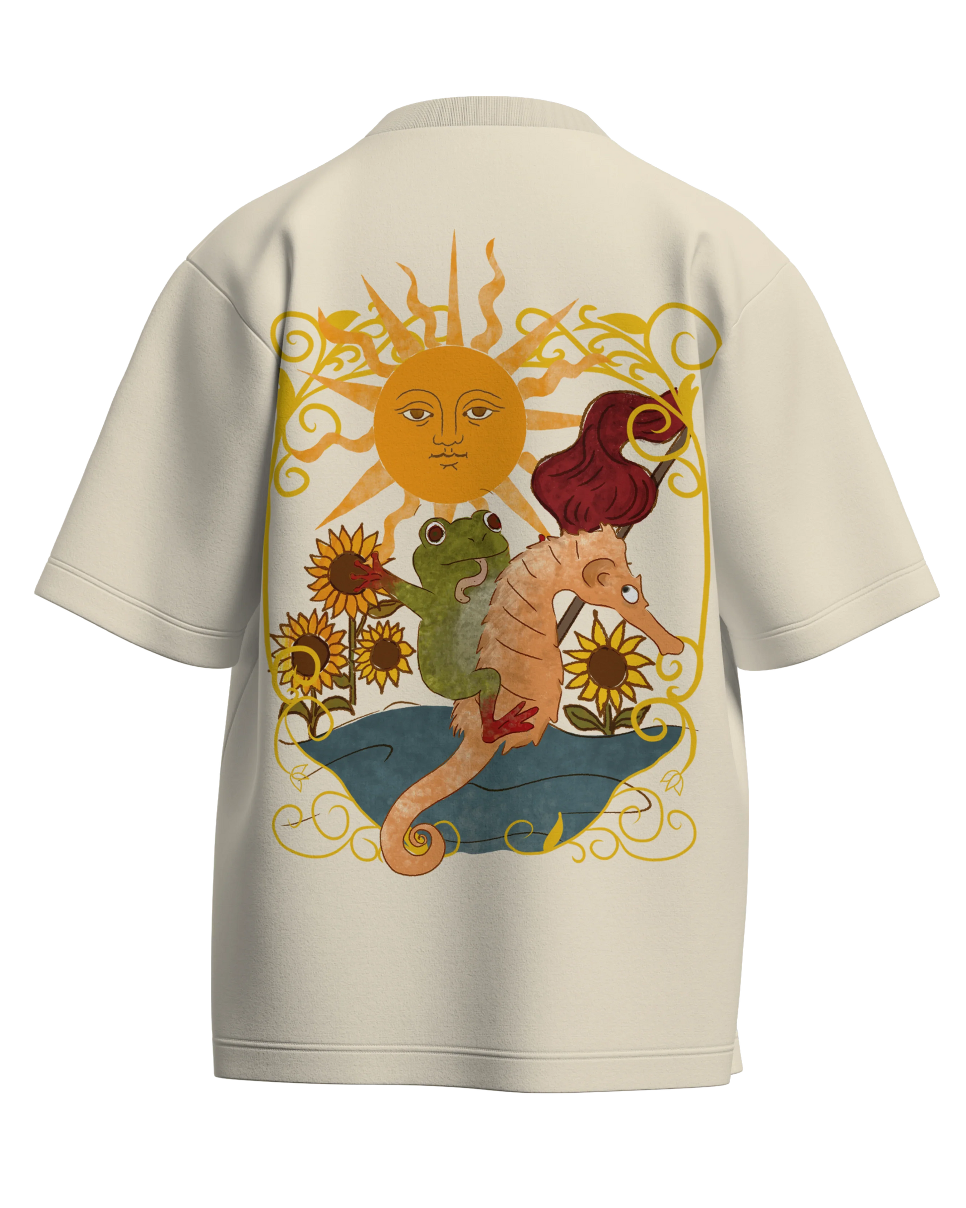 The Sun of Frogs Off White Oversized French Terry Cotton Premium Streetwear T-shirt Loom of Thirds India's No. 1 Art-led streetwear brand based in Kolkata by Sidhartha Mohanta & Chirayata Purna Chakrabarty