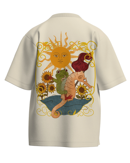 The Sun of Frogs Off White Oversized French Terry Cotton Premium Streetwear T-shirt Loom of Thirds India's No. 1 Art-led streetwear brand based in Kolkata by Sidhartha Mohanta & Chirayata Purna Chakrabarty