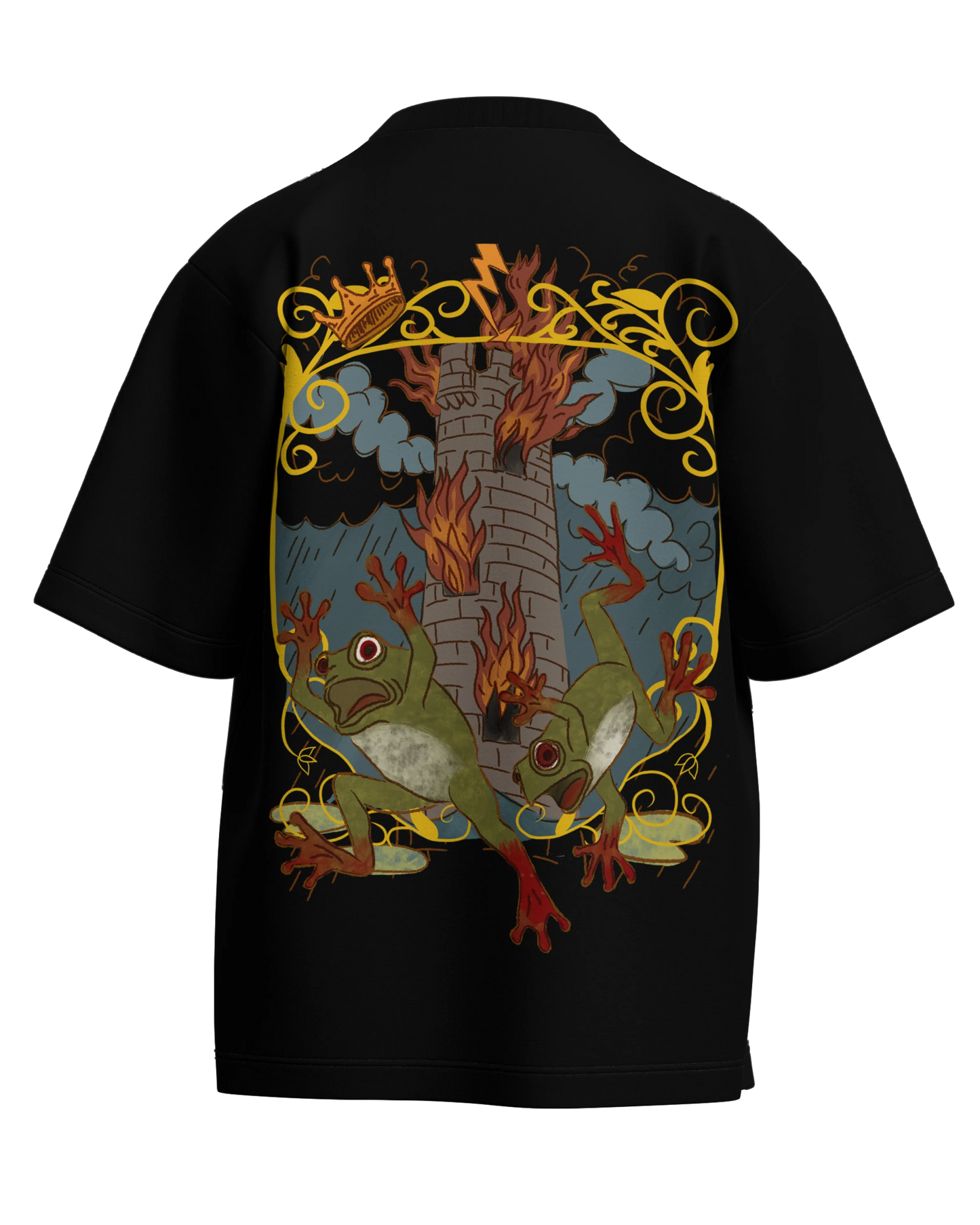 The Tower of Frogs Black Oversized French Terry Cotton Premium Streetwear T-shirt Loom of Thirds India's No. 1 Art-led streetwear brand based in Kolkata by Sidhartha Mohanta & Chirayata Purna Chakrabarty