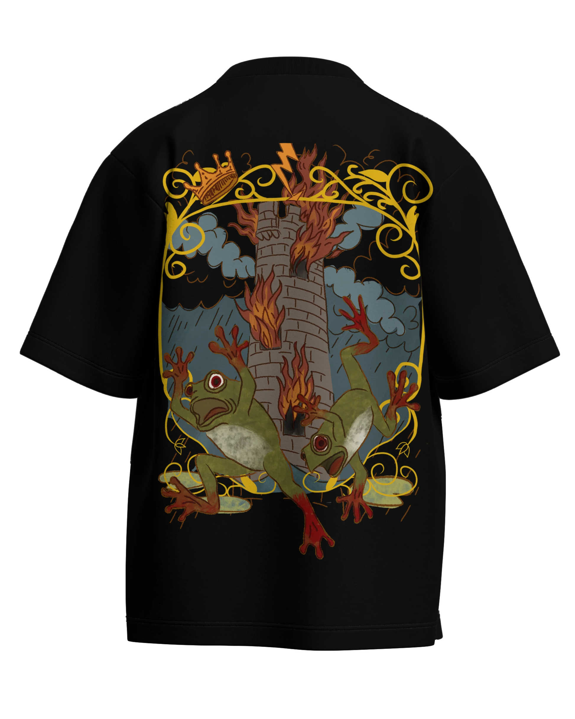 The Tower of Frogs Black Oversized French Terry Cotton Premium Streetwear T-shirt Loom of Thirds India's No. 1 Art-led streetwear brand based in Kolkata by Sidhartha Mohanta & Chirayata Purna Chakrabarty