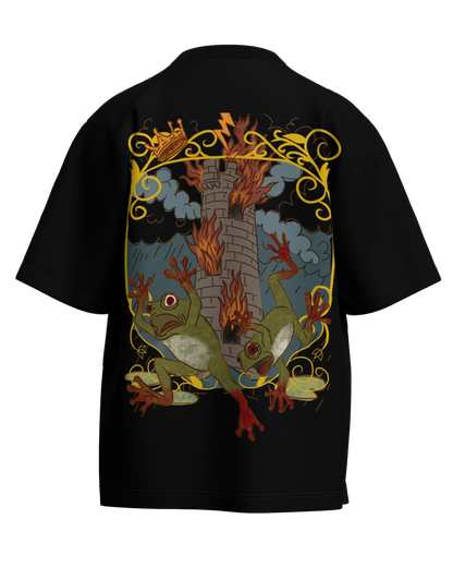 The Tower of Frogs Black Oversized French Terry Cotton Premium Streetwear T-shirt Loom of Thirds India's No. 1 Art-led streetwear brand based in Kolkata by Sidhartha Mohanta & Chirayata Purna Chakrabarty