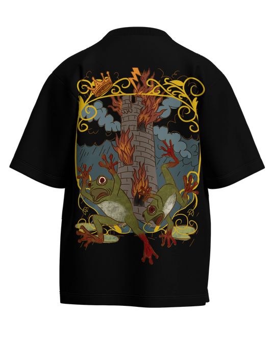 The Tower of Frogs Black Oversized French Terry Cotton Premium Streetwear T-shirt Loom of Thirds India's No. 1 Art-led streetwear brand based in Kolkata by Sidhartha Mohanta & Chirayata Purna Chakrabarty