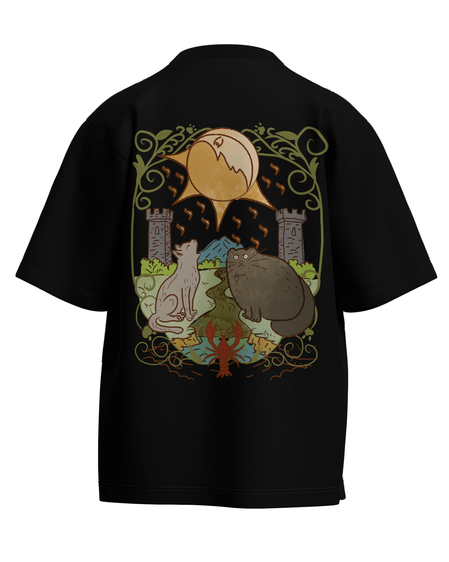 The Moon of Cats Black Oversized French Terry Cotton Premium Streetwear T-shirt Loom of Thirds India's No. 1 Art-led streetwear brand based in Kolkata by Sidhartha Mohanta & Chirayata Purna Chakrabarty