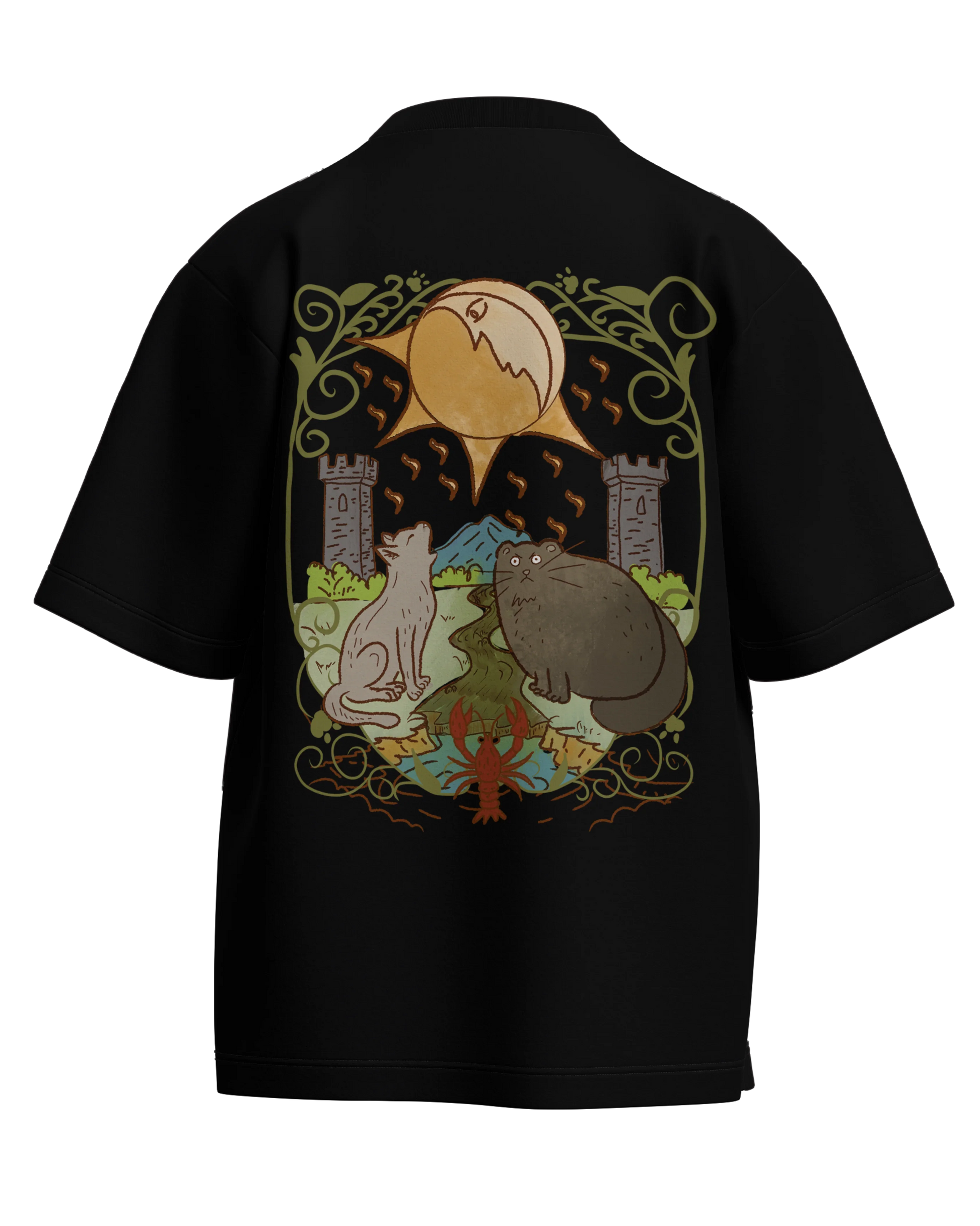 The Moon of Cats Black Oversized French Terry Cotton Premium Streetwear T-shirt Loom of Thirds India's No. 1 Art-led streetwear brand based in Kolkata by Sidhartha Mohanta & Chirayata Purna Chakrabarty