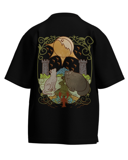 The Moon of Cats Black Oversized French Terry Cotton Premium Streetwear T-shirt Loom of Thirds India's No. 1 Art-led streetwear brand based in Kolkata by Sidhartha Mohanta & Chirayata Purna Chakrabarty