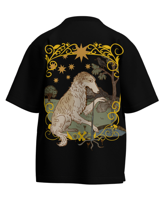 The Star of Dogs Black Oversized French Terry Cotton Premium Streetwear T-shirt Loom of Thirds India's No. 1 Art-led streetwear brand based in Kolkata by Sidhartha Mohanta & Chirayata Purna Chakrabarty