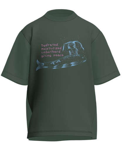 Hydrated, Moisturized & Unbothered - Oversized Fit Olive Green 100% cotton 240GSM standard oversized T-shirt Loom of Thirds India's No. 1 Art-led streetwear brand based in Kolkata by Sidhartha Mohanta & Chirayata Purna Chakrabarty