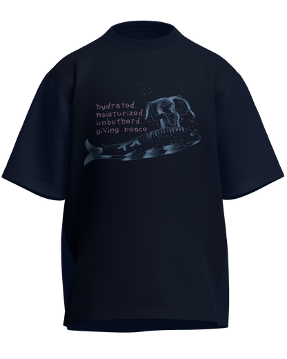 Hydrated, Moisturized & Unbothered - Oversized Fit Navy Blue 100% cotton 240GSM standard oversized T-shirt Loom of Thirds India's No. 1 Art-led streetwear brand based in Kolkata by Sidhartha Mohanta & Chirayata Purna Chakrabarty