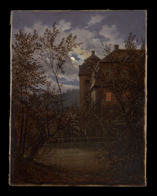 Schloss Milkel in Moonlight – Carl Gustav Carus Canvas Print Painting on Canvas Loom of Thirds India's No. 1 Art-led, graphic streetwear brand based in Kolkata by Sidhartha Mohanta & Chirayata Purna Chakrabarty