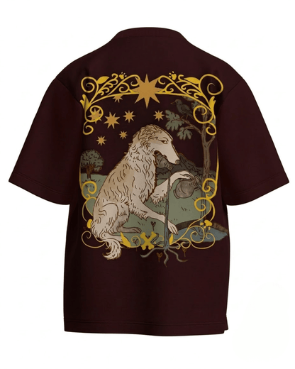 The Star of Dogs – Tarot Oversized T-Shirt Maroon Oversized French Terry Cotton Premium Streetwear T-shirt Loom of Thirds India's No. 1 Art-led, graphic streetwear brand based in Kolkata by Sidhartha Mohanta & Chirayata Purna Chakrabarty
