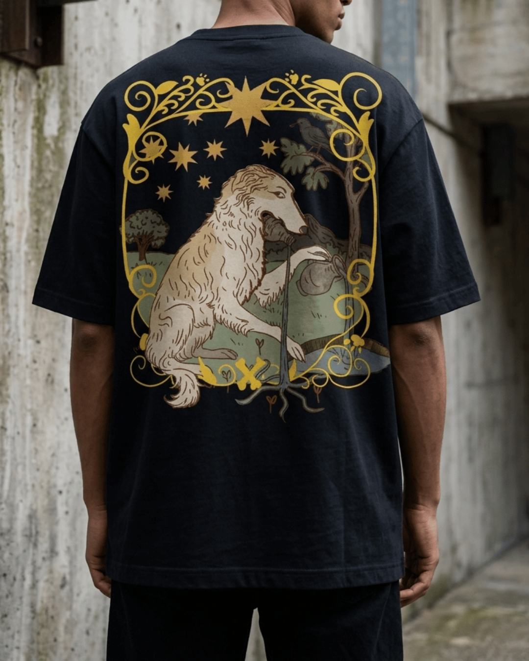 The Star of Dogs – Tarot Oversized T-Shirt Oversized French Terry Cotton Premium Streetwear T-shirt Loom of Thirds India's No. 1 Art-led, graphic streetwear brand based in Kolkata by Sidhartha Mohanta & Chirayata Purna Chakrabarty
