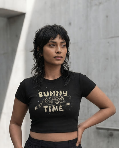 Bunny Time – Aesthetic Graphic Baby Tee 100% cotton 240GSM baby T-shirt Loom of Thirds India's No. 1 Art-led, graphic streetwear brand based in Kolkata by Sidhartha Mohanta & Chirayata Purna Chakrabarty