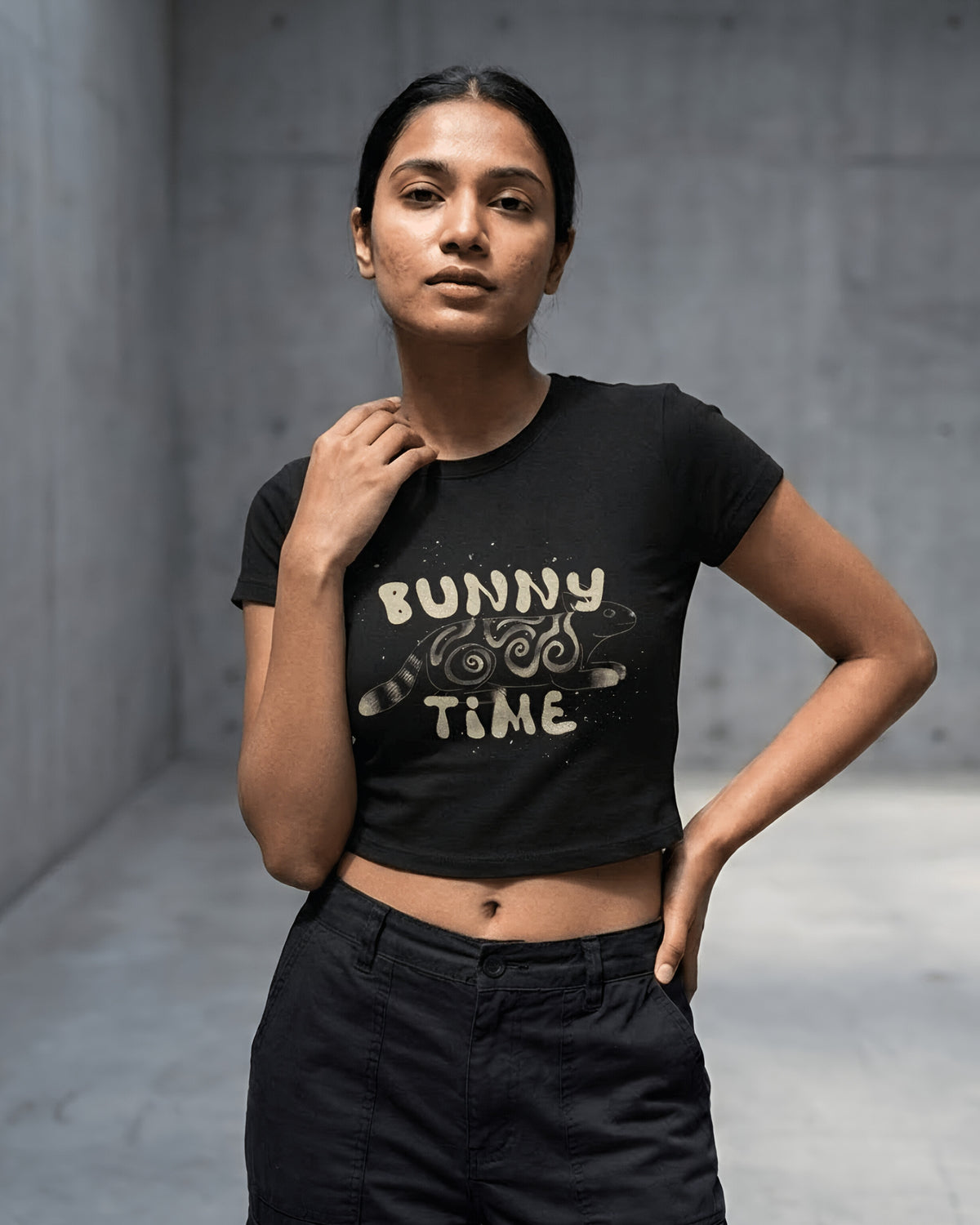 Bunny Time – Aesthetic Graphic Baby Tee 100% cotton 240GSM baby T-shirt Loom of Thirds India's No. 1 Art-led, graphic streetwear brand based in Kolkata by Sidhartha Mohanta & Chirayata Purna Chakrabarty